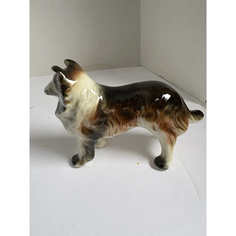 Vintage  Ceramic Porcelain  Border Collie Dog Figurine Trio Black Brown White